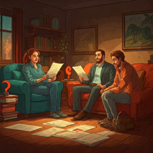 Illustration of puzzled homeowners with question marks and mortgage documents in a cozy living room.