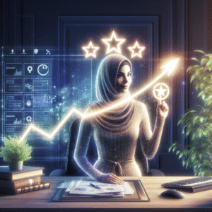 Person in an office holding a glowing five-star credit rating symbol beside a computer showing a rising graph.